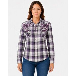 Roar Womens Medium Purple Plaid Western Shirt Embroidered Sequin Button Front